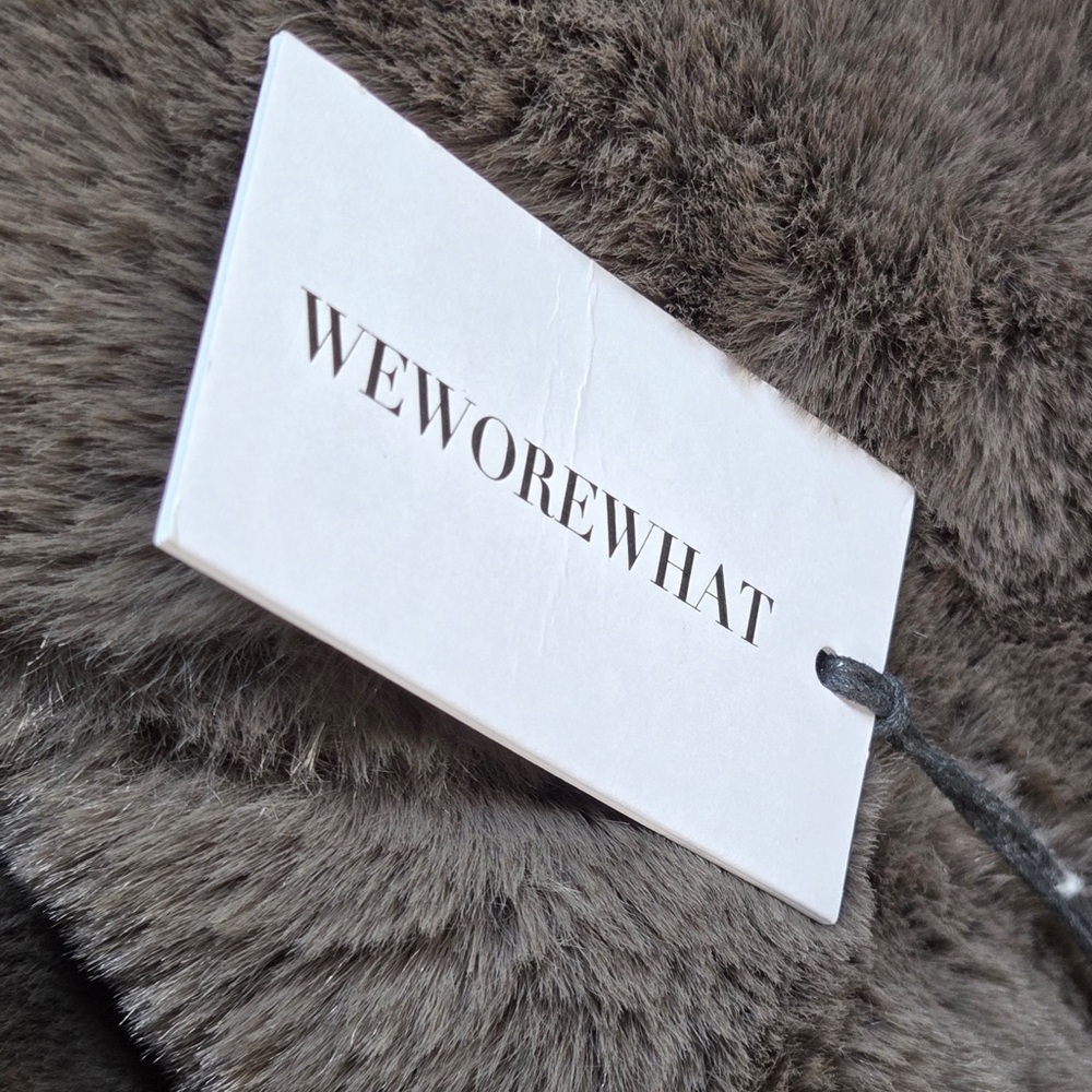 NWT WEWOREWHAT Bonded Faux Fur Trench Coat Vegan Leather Black Carmel 6822 - Picture 7 of 12